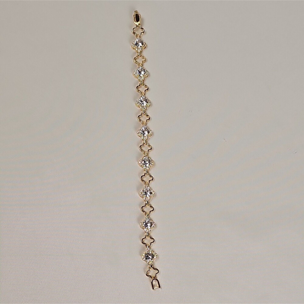 Clear Rhinestone Halo Tennis Bracelet Gold Tone 7.5" Unmarked